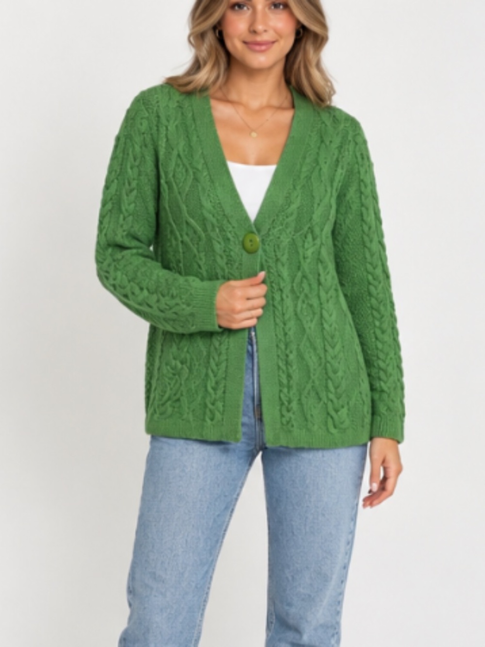 Aran Crafts Womens Green Ireland Merino Wool Cable Knit Cardigan M